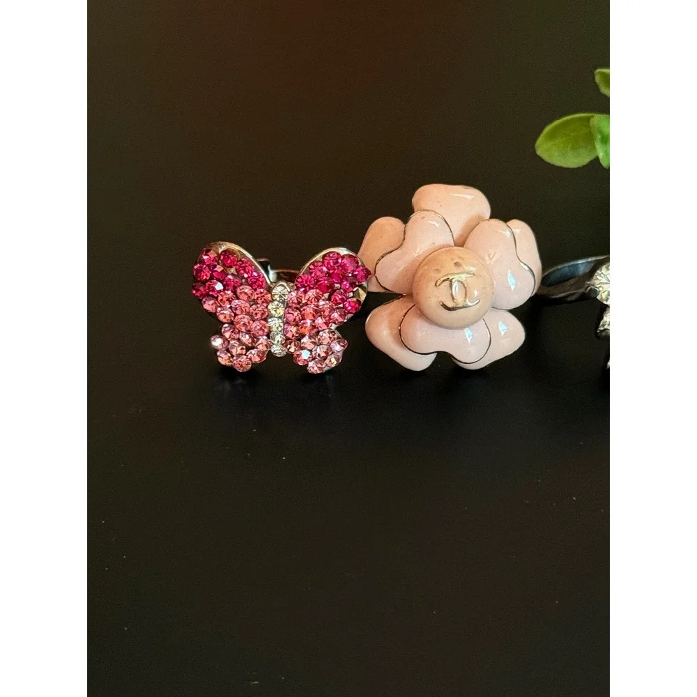Fashion Ring Set 4pc Pink Camellia Butterfly Gold Character Crystal Bypass Rings